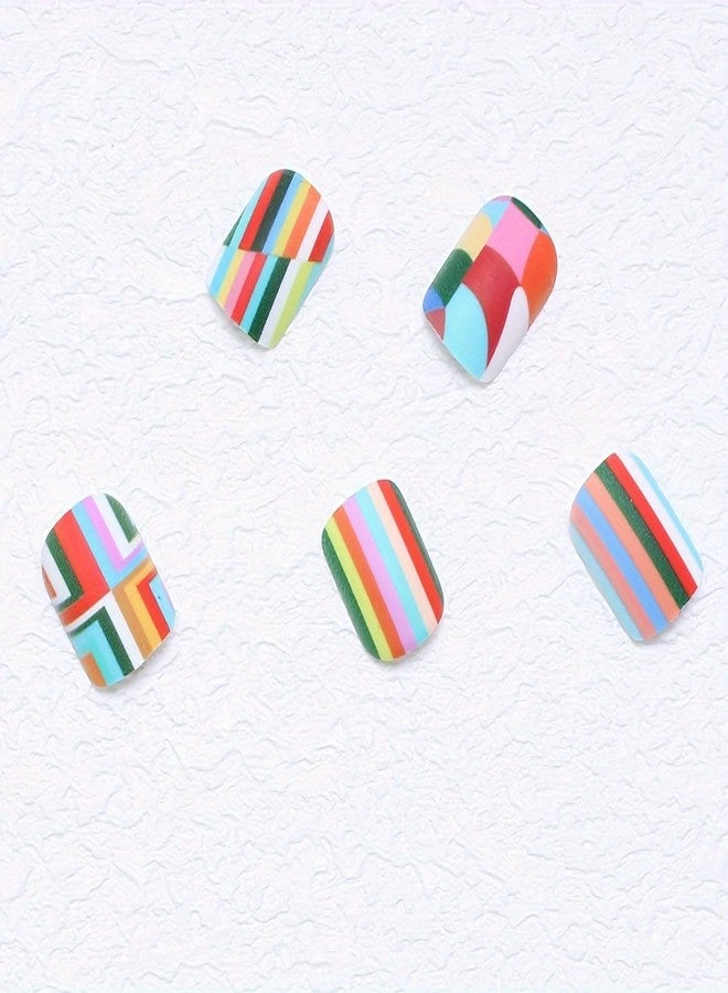OCOUYVD 24 Pcs Press on Nails Short Rainbow Fake Nails Square False Nails Design Colorful Stripes and lozenge Designs Glossy Artificial Nail Art Reusable Stick on Nails Kit for Women - 24 Pcs in 12 Sizes - Image 5